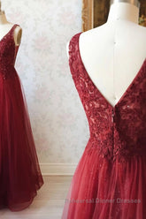A Line V Neck and V Back Long Beading Lace Burgundy Semi Formal Prom Dresses, Lace Burgundy Formal Graduation Evening Dresses